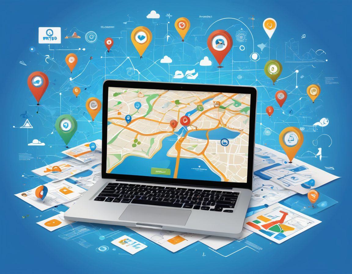 A vibrant landscape showcasing a digital map with pathways representing various blog strategies, an individual exploring these routes with a compass in hand. Include icons symbolizing social media, SEO, and analytics scattered along the paths. The sky above is a bright blue, symbolizing opportunities and creativity. The foreground features a laptop with graphs and optimization tools. bright colors. vector art.